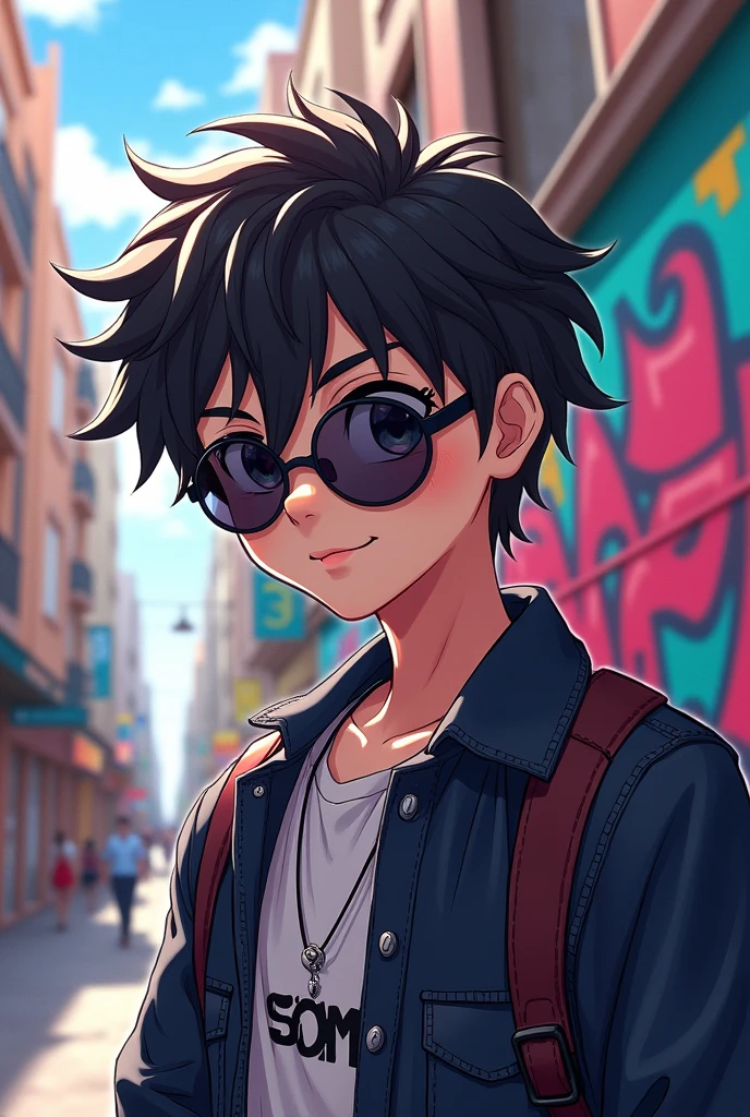A boy with black sun glass in front of me like anime more hole body front of camera for Instragram dp