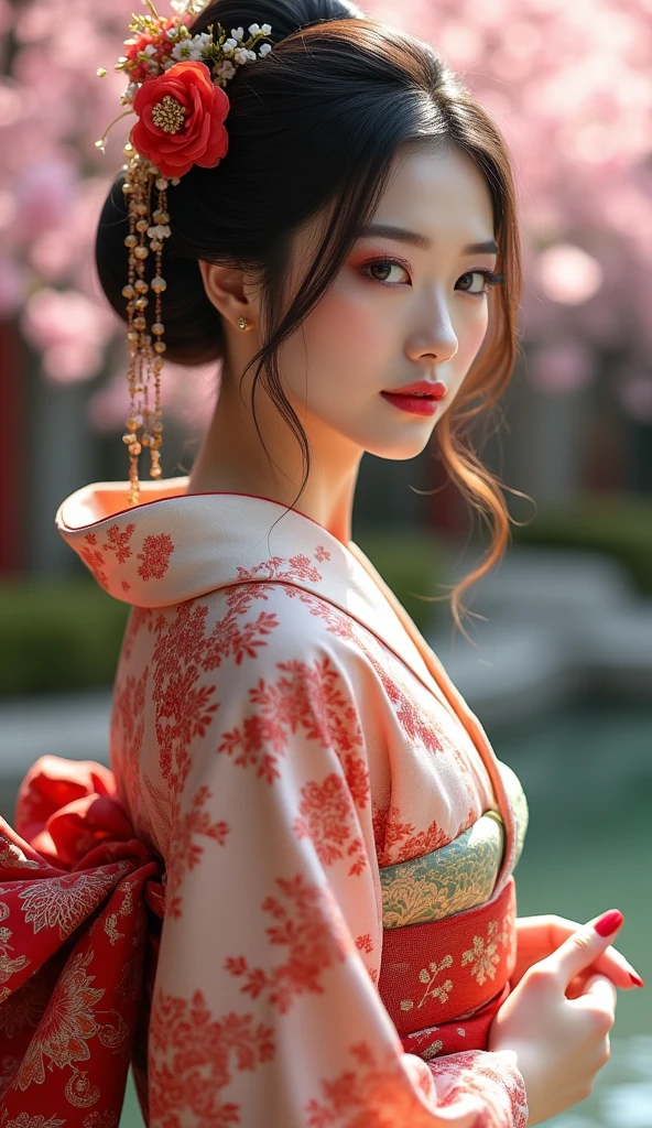 Masterpiece, high resolution photo, beautiful Japanese kimono woman, curvaceous body, natural big breasts, perfect hands with beautiful red fingers, very beautiful Japanese woman's face, multiple fronts, 8K, UHD