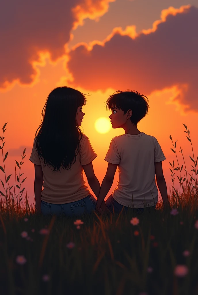 A couple of girls, a dark brunette latina, a little chubby with straight black hair, and the other girl is white with short black hair like a man with man features, hand holding, being in love, sitting, watching the sunset.