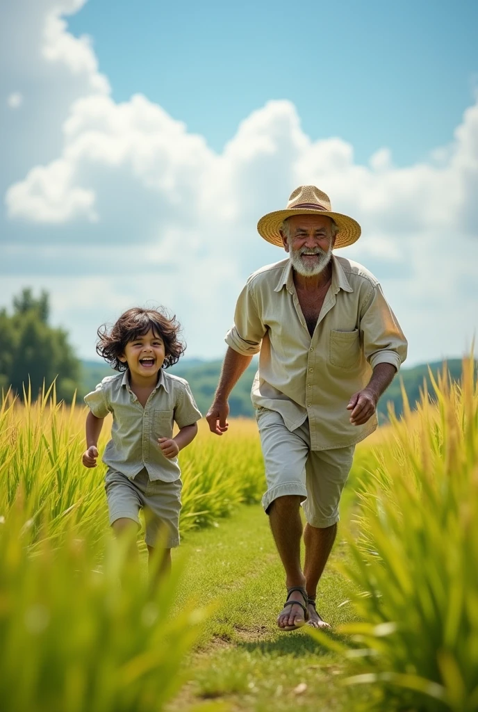 The grandson runs and the grandfather chases him in faddy field
