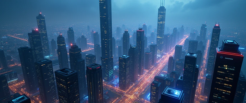 a futuristic cityscape, night view, aerial perspective, skyscrapers,neon lights, flying cars, floating platforms, advanced architecture, metallic structures,glowing windows, holographic displays, sci-fi atmosphere, cinematic lighting, moody blue and purple tones, dramatic shadows, photorealistic, 8k, ultra-detailed, intricate details, epic scale, masterpiece