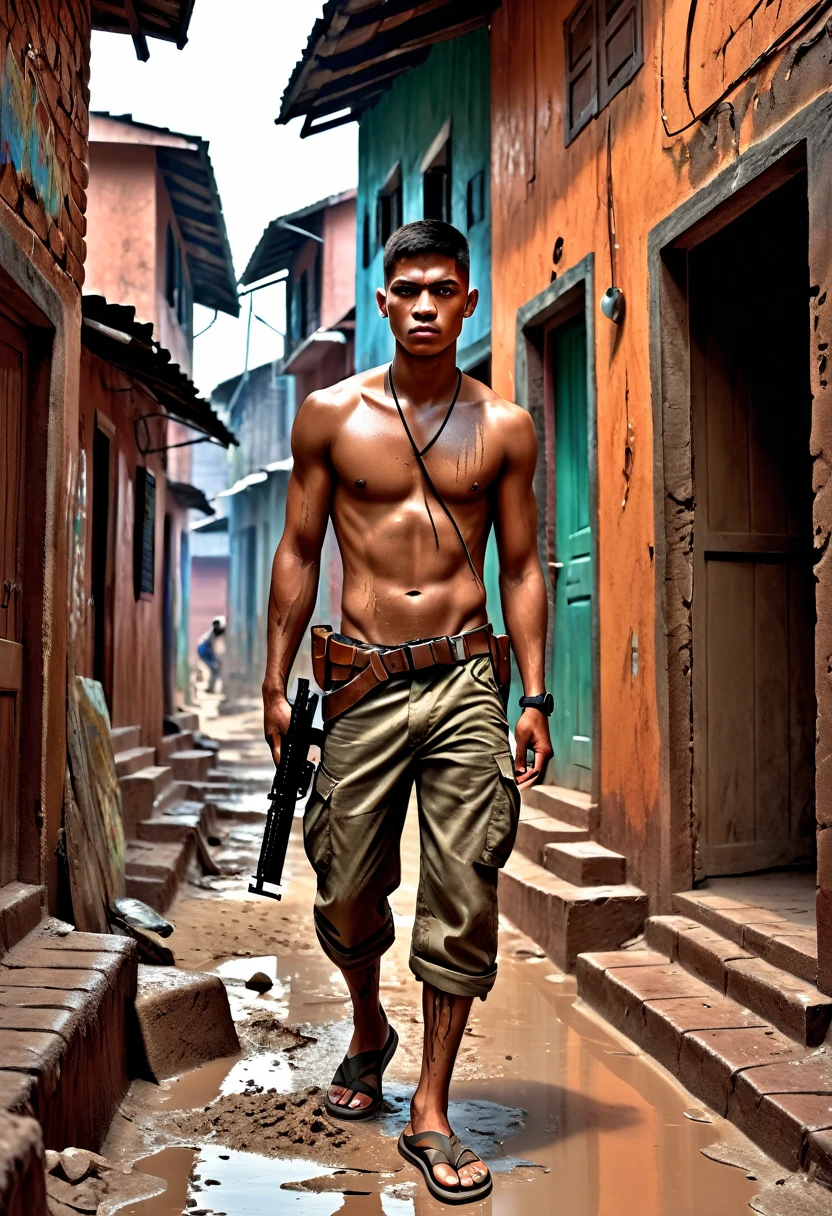 deddyfebriyadi, image depicting the favela, boy with a gun (ak47), shirtless boy, with scar, full body image, (extremely detailed CG unit 8K wallpaper, Artwork, best quality, ultra-detailed, hdr:1.2), in flip-flops, houses underneath one another, brick, mud floor, scar on the leg, house hallway.