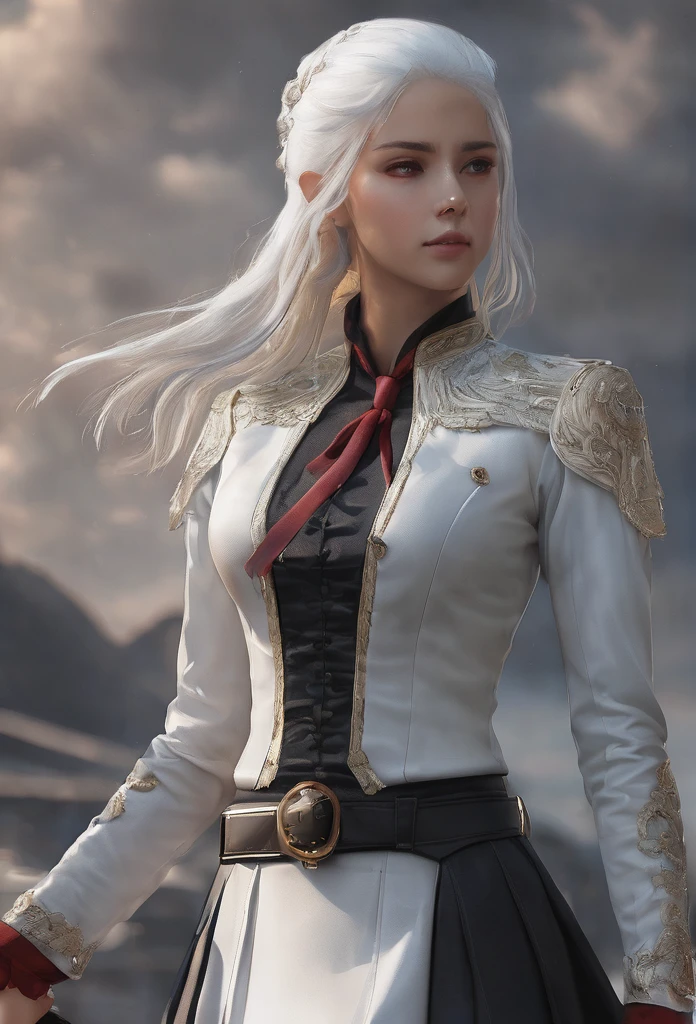 Beautiful lady, White hair, Hip length hair, Breast size,red uniform with black skirt, of the leaders, friendly look, good quality, light background, small rank insignia, V-neck, sexly, 4K, red eye,