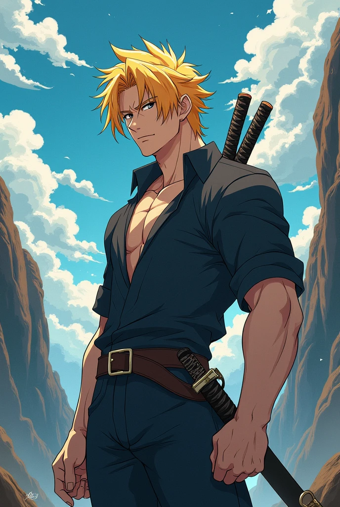 Create a tall male anime character with earth powers, blond hair and black eyes, with a black-streaked katana on his back.