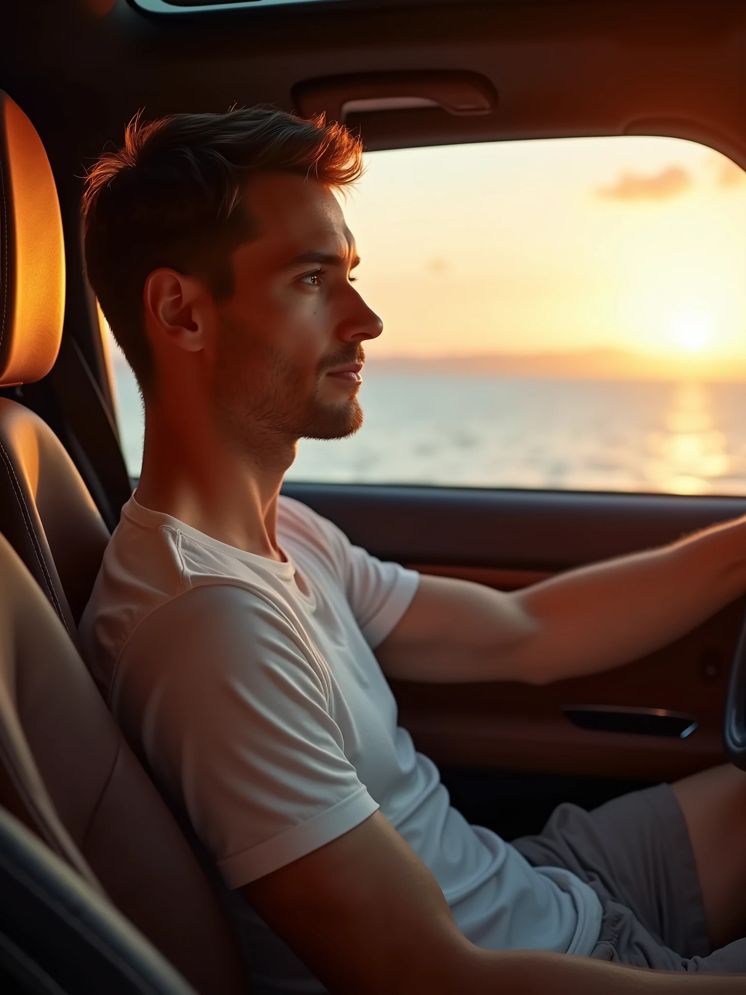 A man with a handsome and attractive face, short, straight light brown hair, piercing light brown eyes, athletic and muscular physique, expressive facial expressions and sun-kissed fair skin, wearing a casual outfit. He is sitting in the driver's seat of a Porsche Panamera Turbo S E-Hybrid, parked on a magnificent paradise beach at sunset. The man watches the sunset reflecting on the sea through the passenger seat window to his right. | A first-person cinematic view of the interior of a Porsche Panamera Turbo S E-Hybrid, capturing the essence of the car's luxurious and modern design. The interior is adorned with high-quality soft leather in shades of brown and black, with polished wood details that reflect the light. Soft natural light enters through the side windows and the panoramic sunroof, creating a cozy and illuminated atmosphere. | ahead, the instrument panel is elegant and technological, with digital screens that display information about the vehicle. O volante, Clad in leather, ergonomically designed, and the stitching is impeccable, highlighting attention to detail. The scene is framed by a stunning view of the magnificent paradisiacal beach at sunset, with the sky in shades of orange, pink and purple, reflecting on the crystal clear waters of the sea. | The first-person perspective makes the viewer feel like they are sitting in the driver's seat, watching the sunset through the glass, while the gentle breeze enters through the window. The atmosphere is quiet and inspiring, capturing the feeling of and luxury, with the sunlight bathing the interior of the car and highlighting every detail of the sophisticated design. —checkpoint “SeaArt Infinity”