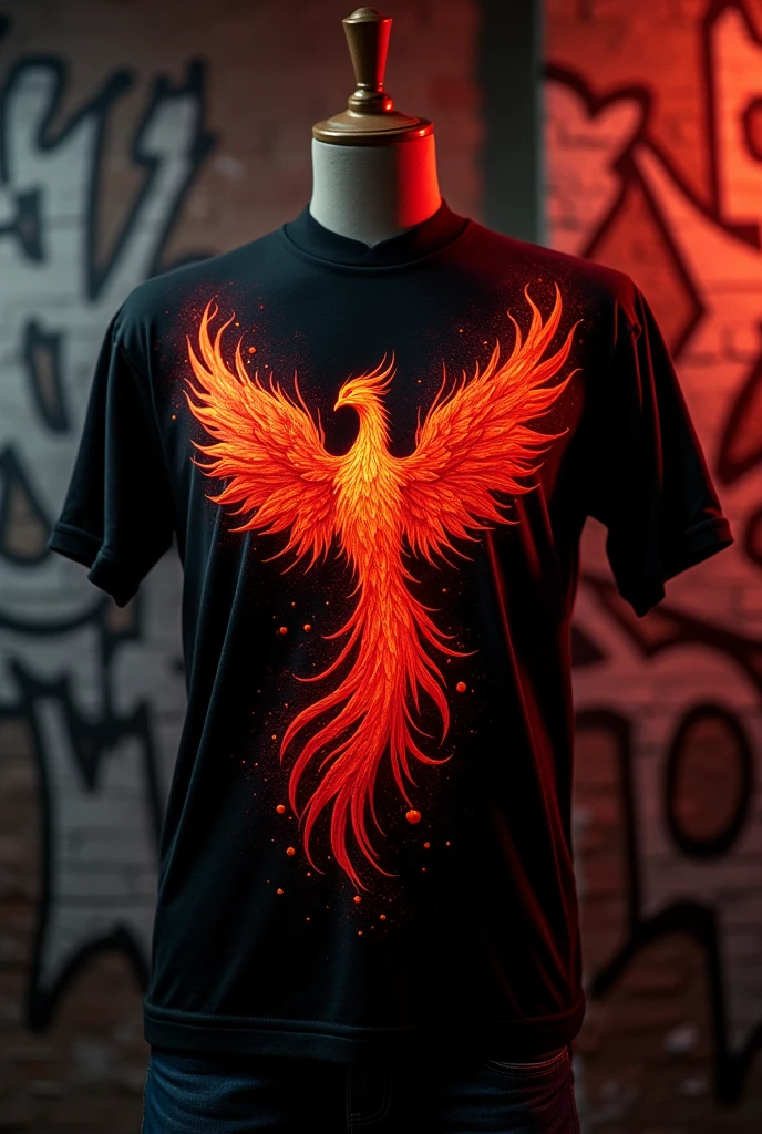 A red and black t-shirt with a fire phoenix design and the t-shirt with a fire design