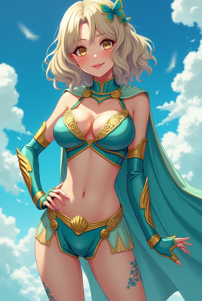 Screenshot of My Hero Academia. Girl with wavy ash blonde hair and shoulder length, butterfly cut, He has honey-colored eyes, White skin, big breasts and has a happy expression. Wearing her heroine costume which is a low-cut suit, bikini type, of oceanic hues like turquoise blue, Aqua green and gold details evoking seashells and corals. The top of the suit has a shell design on the bust with thin straps that interlace in the back.. The bottom is with a mini skirt attached to the body. besides, He has long gloves that reach to his elbows., decorated with wave motifs. The cape he wears is semi-transparent and appears to be made of rippling water..