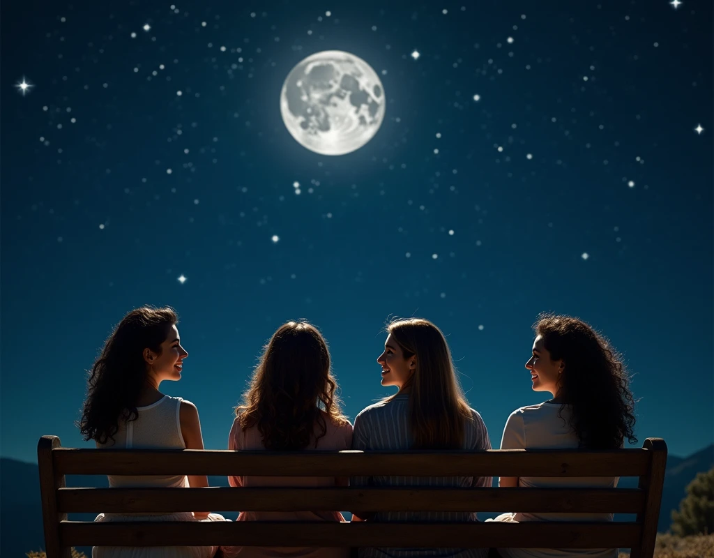 一个Full of tranquility的迷人夜景,Starry Sky,(Four women with different looks and personalities are sitting comfortably on a wooden bench:1.5),Talking passionately,(There are white girls,Asian Girls,Middle Eastern Girls and Hispanic Girls),(Look directly at the audience:1.9),The silver moon shone softly on them,The sky spreads out like velvet dipped in ink,Dotted with countless twinkling stars,These stars look like celestial gems scattered across the vast canvas of the universe.,The air around them is fresh,Full of tranquility,Filled with the quiet intimacy of their shared time,Their surroundings are bathed in the soft glow of the stars and the moon.,Providing just enough light to illuminate their faces and the intricate details around them