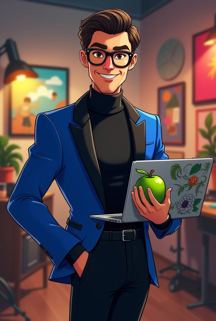 Create a Disney character of a man with short hair on the sides, black frame glasses, Black turtleneck long sleeve sweater and a royal blue blazer with a black lapel, black pants, Alexander McQueen white shoes, In his hand he must have a green apple and in the other hand an open laptop. With a photography studio as a backdrop, a fusion between graphic design and nutrition