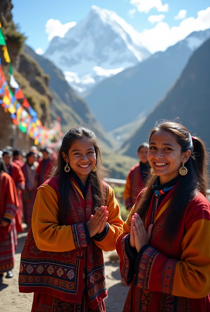 Himalayan tribal people welcoming with namastey greetings 