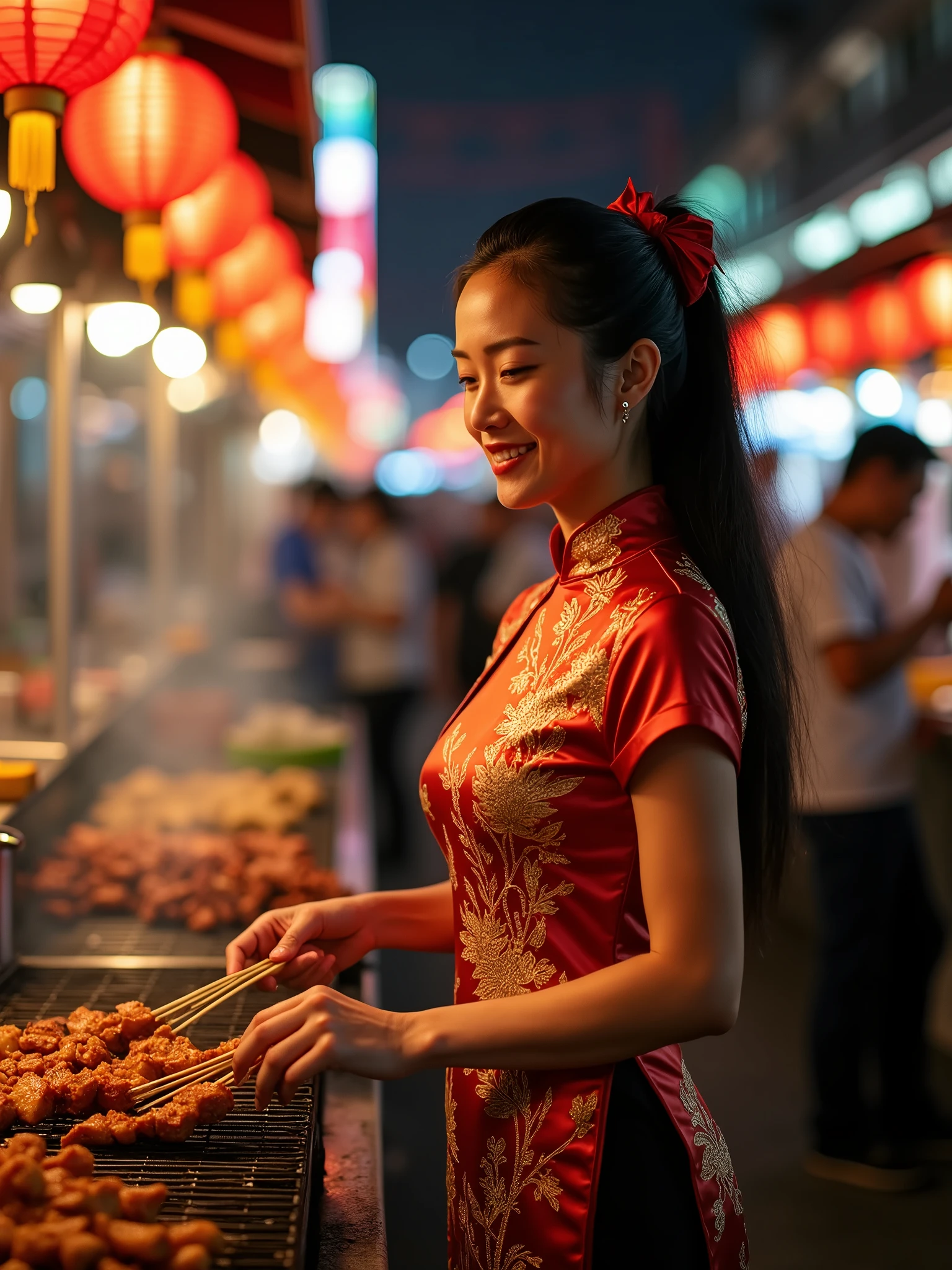 A Chinese woman is holding a skewer of meat, placing it on a grill to roast. It’s nighttime.