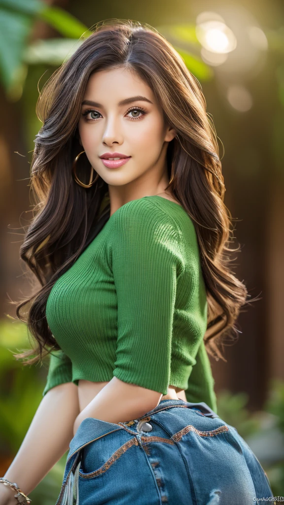 (realistic,photorealistic,photo-realistic:1.37),highly detailed,orchid top and black denim shorts,gorgeous women,beautiful detailed green eyes,beautiful detailed lips,beautiful smile,realism style,dynamic pose,full body,8k quality,depth field,wavy long honey coloured hair,professional portrait lighting,vivid colors,ultra-sharp focus,soft natural lighting,sophisticated expression,breathtaking composition,subtle background,highres