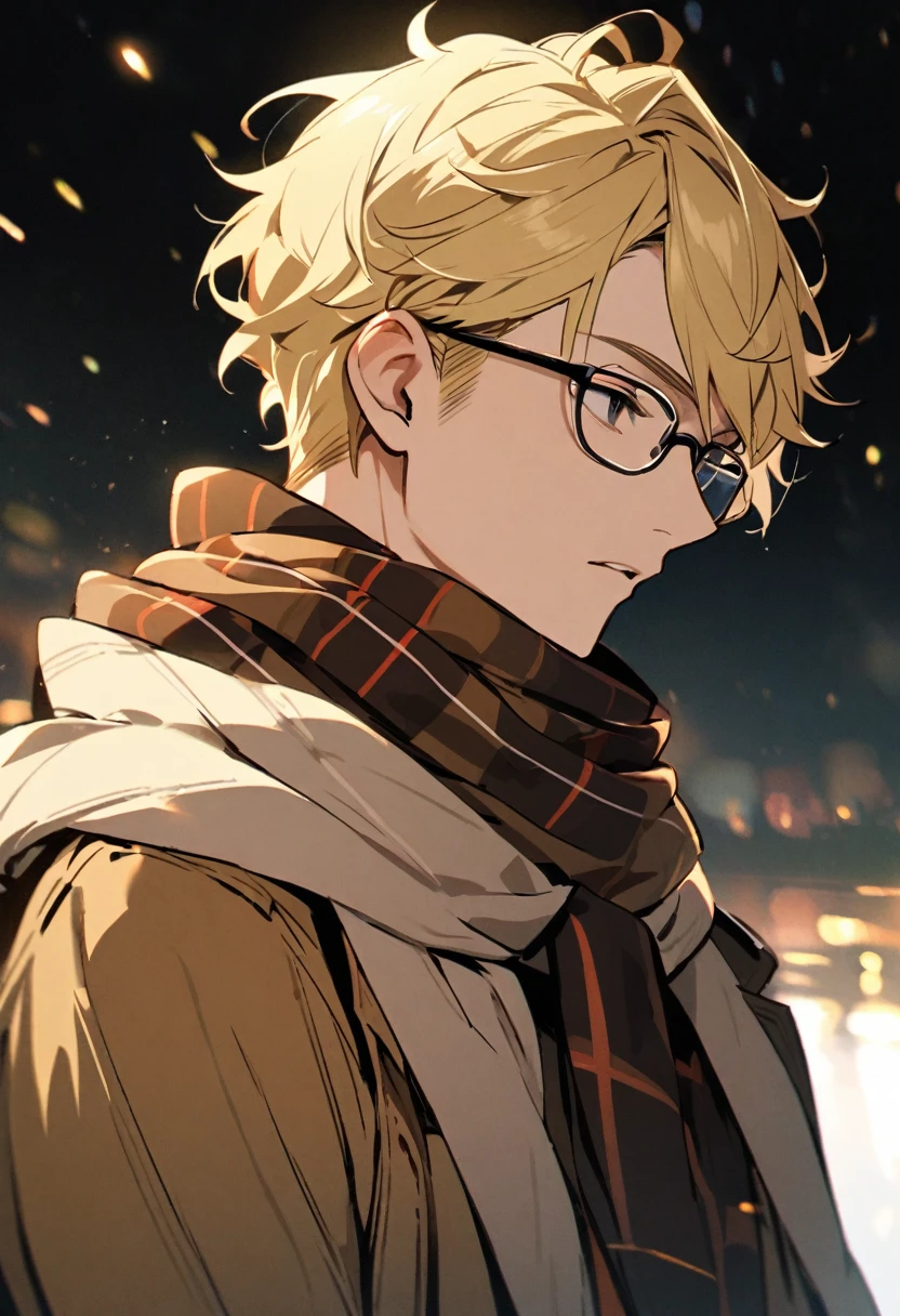 male, solo, handsome, glasses, black eyes, blond hair, innocent, scarf, gazing into the distance, half eyes