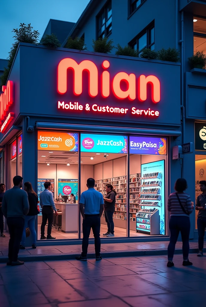 3d mobile shop front photo with name Mian Mobile & customer service and jazzcash easypaisa branding Facebook cover photo