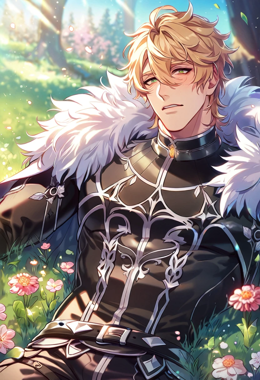absurdres, highres, ultra detailed, HDR, master piece, best quality, extremely detailed, detailed eyes, detailed face, Quincy, blonde hair, messy hair, hair between the eyes, expressive amber eyes, Nu Carnival, solo, sexy man, manly man lying down on the grass, horny, lewd, handsome, fantasy, white and black leather clothes, cape with a high fur collar, black gloves, black pants, spring, flowers, green leaves, magical forest, dark fantasy, blue sky