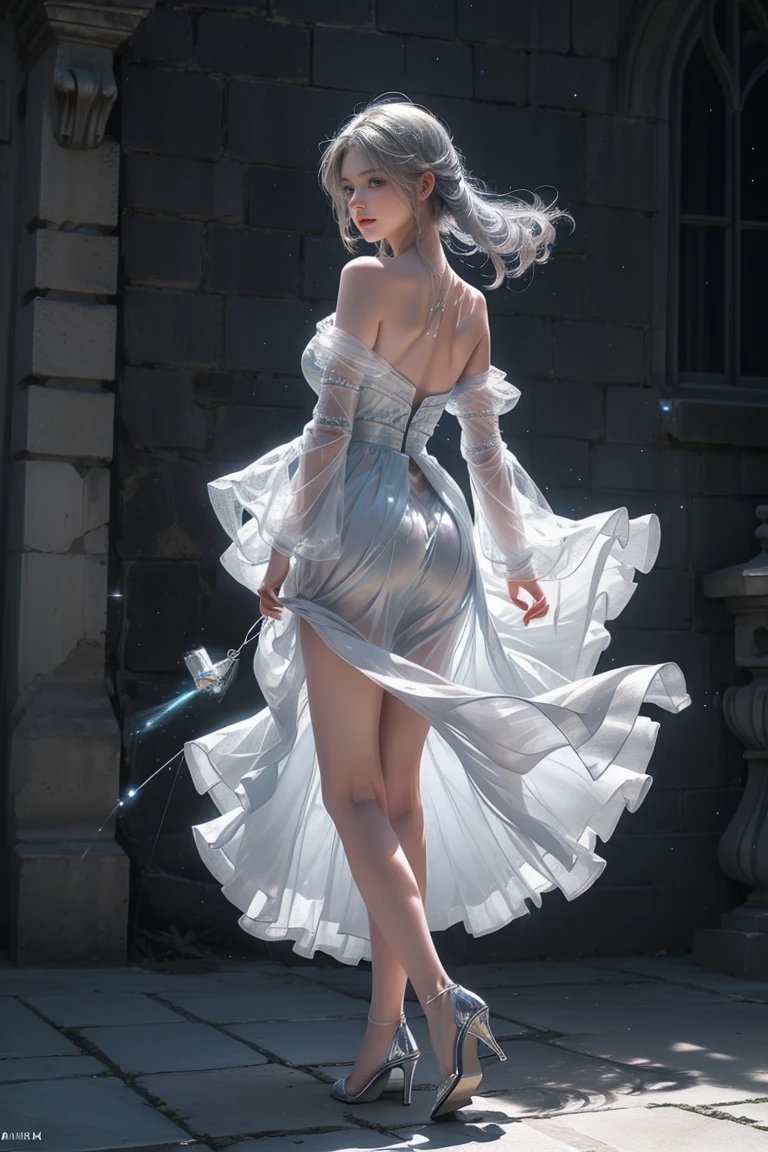 ((Girl standing in front of the castle wall))、Fluorescent color、One Girl、Look to the side、Beautiful Face、Beautiful Eyes、(Big Blue Eyes)(Rear view)、(look back)、(Silver blunt hair)、Shiny Hair、Glowing Skin、Reduce glare、Finger Proportion Adjustment、Escrow、Butt viewpoint、Dynamic Angle、((Master Parts))、((Highest quality))、(((Ultra Details)、(An illustration)、(Detailed light)、(Very delicate and beautiful)、Dramatic Shadows、Ray tracing、reflection、Ultra-high resolution、((Master Parts))、((Highest quality))、((Ultra HD))。 Ultra-high resolution、((Colorful hair and mesh))、Her hair flutters in the wind、(Big deep blue eyes)、Silvery white hair、haired woman、Sparkling Butterfly、Sparkling Butterfly、黒haired woman、Points of light around the woman、Magical Aura、Green dot、The nature of the aura、Magical Aura黒haired woman、 ((Translucent blue one-shoulder dress: 1. 3)、(No sleeve)、((The skirt flutters up in the wind))、((An old European castle stands in the distance))、(Full Body Shot),(Long legs)、(High heels),