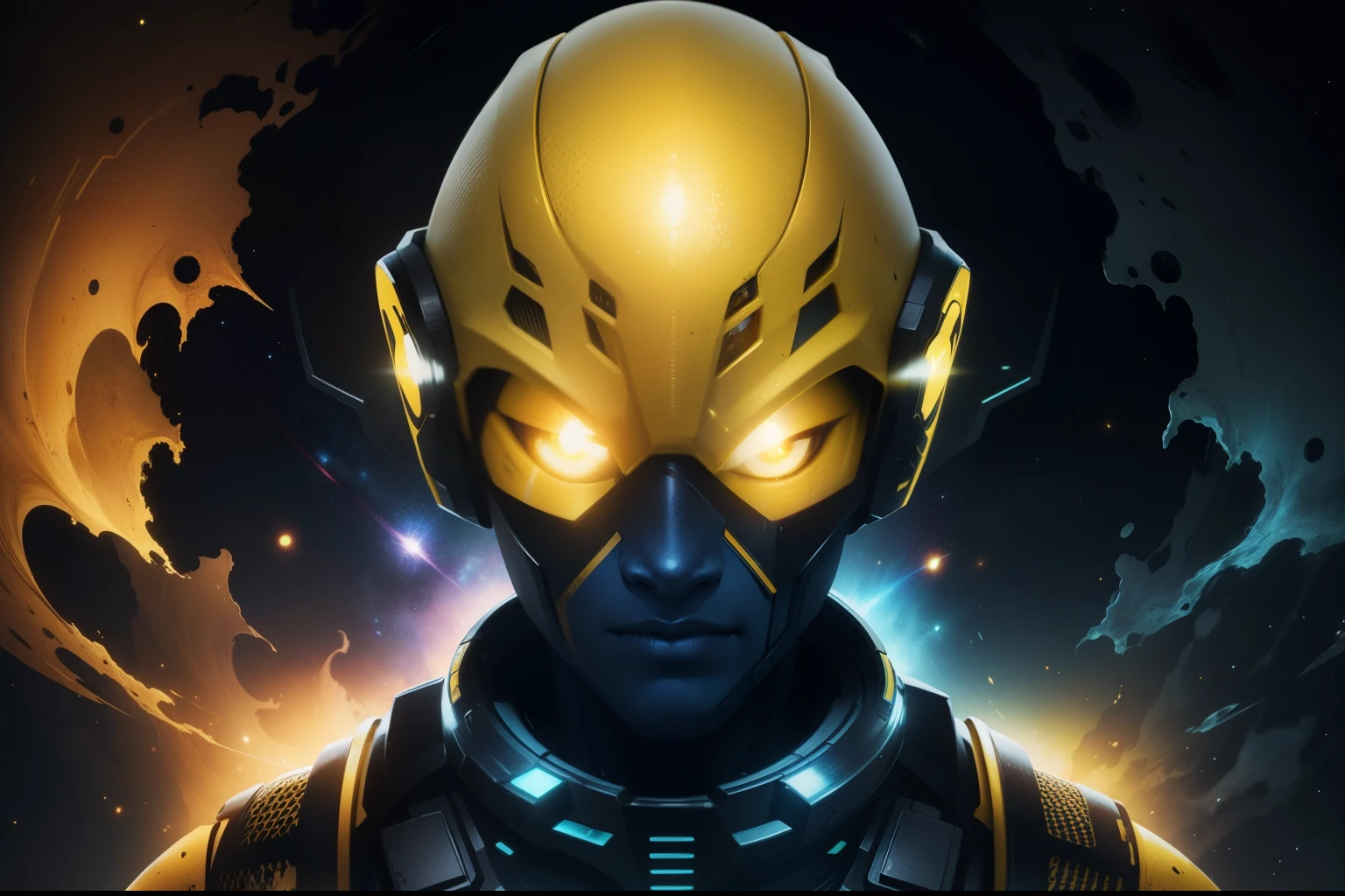 humanoid yellow skin colour alien, yellow eyes, black helmet, space background, well detailed, 1080, realistic colours