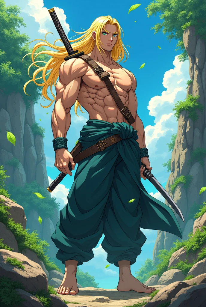 Create an anime character with earth powers, tall with blonde hair and black eyes with a black-streaked katana on his back