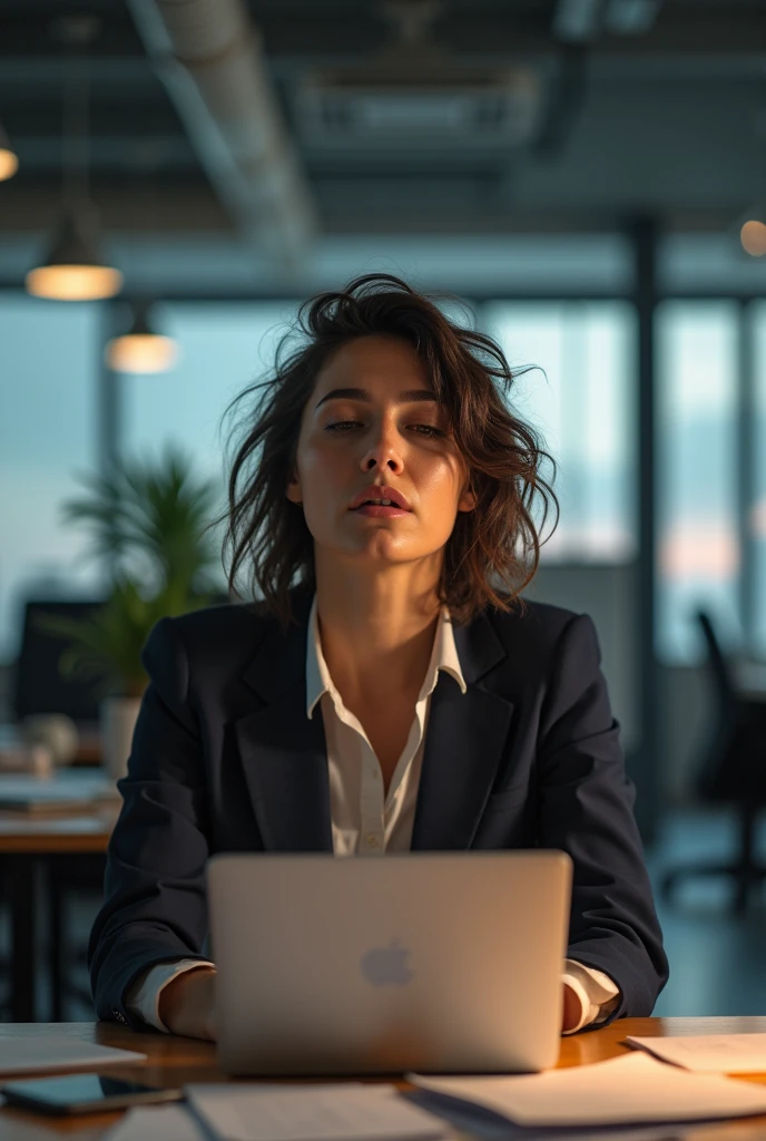 A shift from tension to relief, with a hint of anticipation. In office woman
