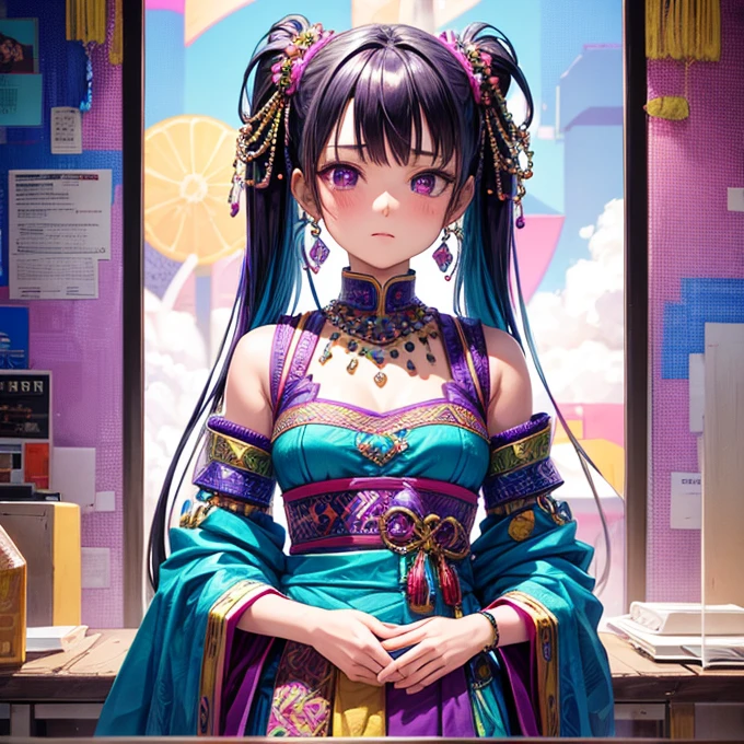 (Absurd, High resolution, Super detailed), (One person:1.3), Twin tails, Purple Hair, break , Glitch Art, Digital Distortion, Pixelated Fragments, Data Corruption, Colorful Noise, Visual clutter, contemporary aesthetics break , Enamel Art, Glass-like surface, Vibrant colors, Glossy finish, Reflective Texture, Richly pigmented, fluid forms break , Ethnic Style, Traditional attire, Vivid patterns, Handmade textiles, Cultural motifs, Beaded Jewelry, Artisan handmade accessories