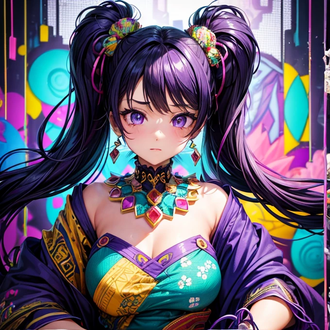(Absurd, High resolution, Super detailed), (One person:1.3), Twin tails, Purple Hair, break , Glitch Art, Digital Distortion, Pixelated Fragments, Data Corruption, Colorful Noise, Visual clutter, contemporary aesthetics break , Enamel Art, Glass-like surface, Vibrant colors, Glossy finish, Reflective Texture, Richly pigmented, fluid forms break , Ethnic Style, Traditional attire, Vivid patterns, Handmade textiles, Cultural motifs, Beaded Jewelry, Artisan handmade accessories