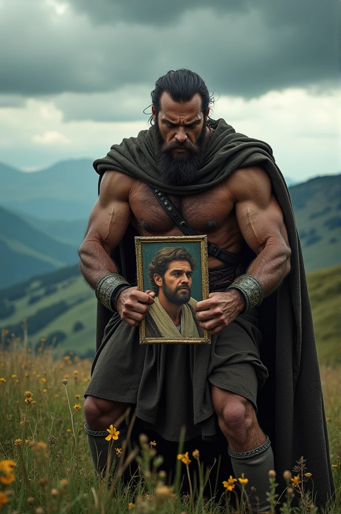 photorealism:1.2), medieval man with angry face in a hill looking at a picture of a man’s face