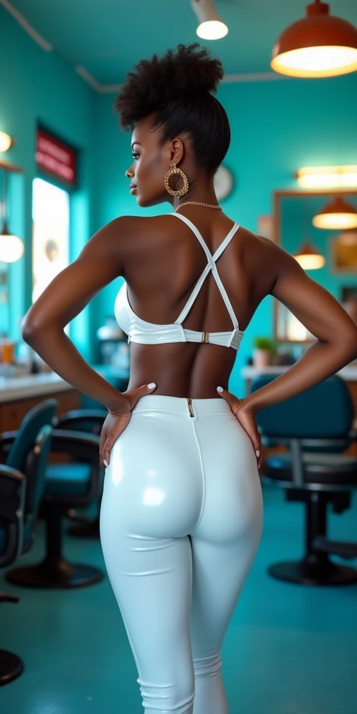 foto cruda, Photography, Photo of beautiful Mexican-African ebony woman, pelo blanco, piel detallada, Leotardo blanco, brother in law, from behind, mirando al espectador, estructura corporal elegante, pose de instagram, en casa con todo el interior blanco, luz dura, film grain, Color Kodak, LUT de Instagram