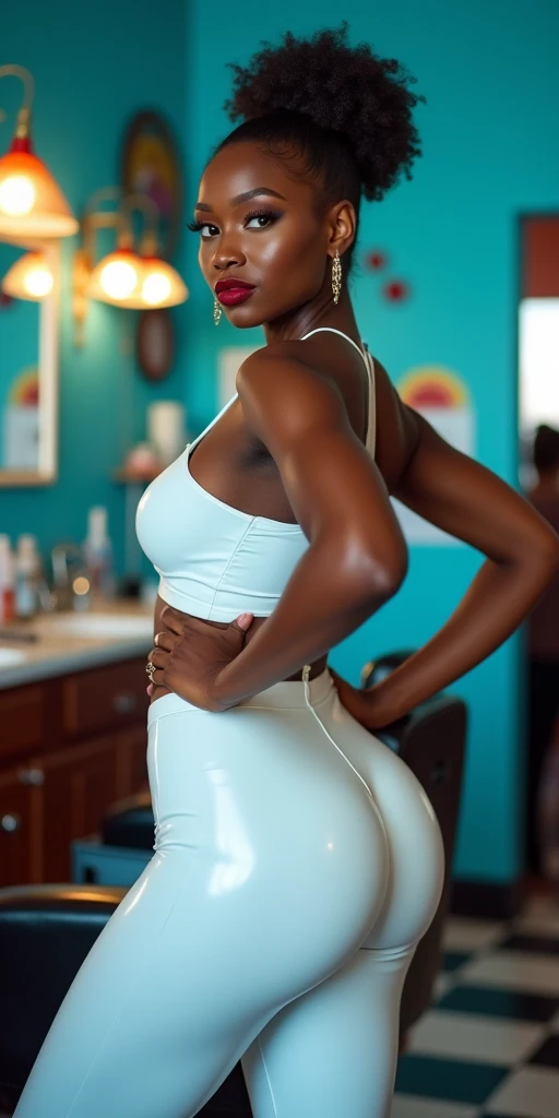 MASSIVE BUTTOCKS, white plastic leggings, UHD, She's a dark skin melanin Queen with super tiny thin waist, blue barber shop, side, no nudity