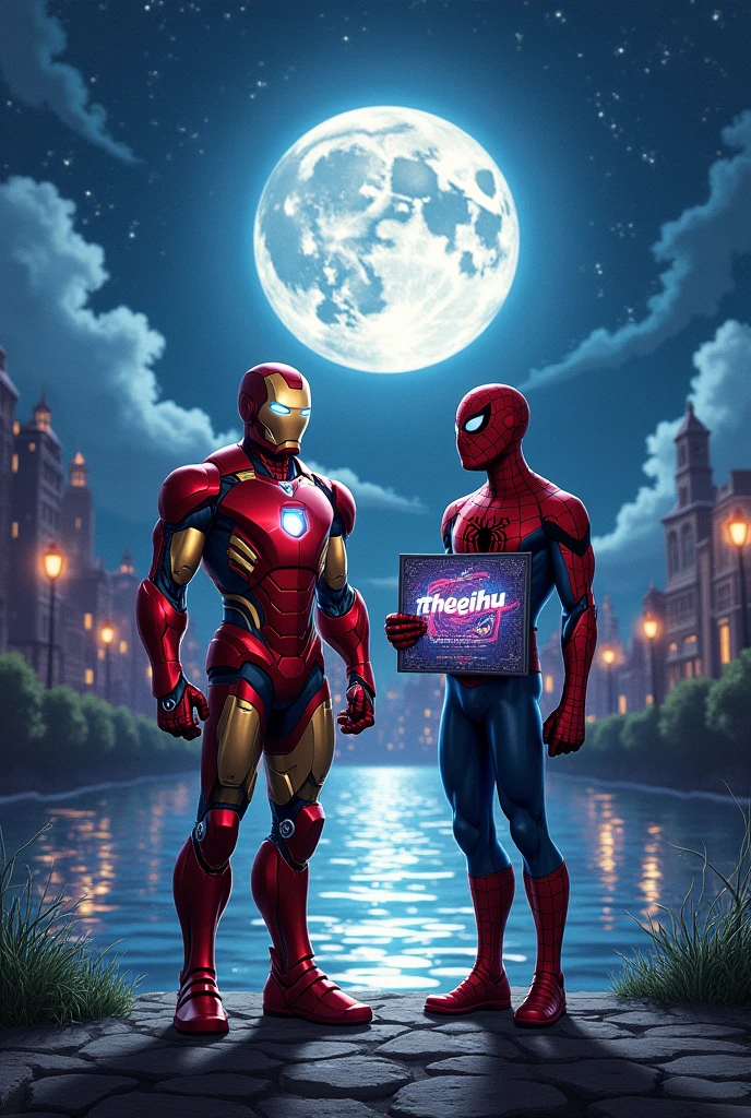 A spiderman and an iroman is standing beside a river. Ironman holding a poster where “theeihu” is written. Spider-Man holding a poster where “mospidy” is written. A beautiful moon in the sky. Stars are glitching. Other marvel heroes are watching them from the sky.