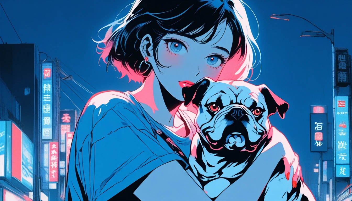 Illustrator, anime , Realistic ,sketch , Inside the intersection、Adult woman holding a bulldog, lip, nail、T-shirt,order,Textured Trim, (masterpiece,Highest quality) Blue background, neonヘア,Textured Trim, Canadian, (masterpiece,Highest quality) Cancer,night、neon、Dark Eyes、night、