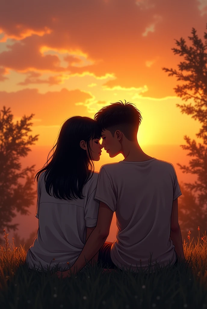 A couple of girls, a dark brunette latina, a little chubby with straight black hair, and the other girl is white with short black hair like a man with man features, hand holding, being in love, sitting watching the sunset, while the brunette rests her head on the other girl's shoulder.