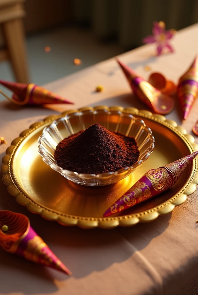 Create a golden flat plate in which there is a bowl of mehendi and multiple mehendi cones around it.make the bowl a glass bowl.The mehendi cones should be longer and normal henna cones