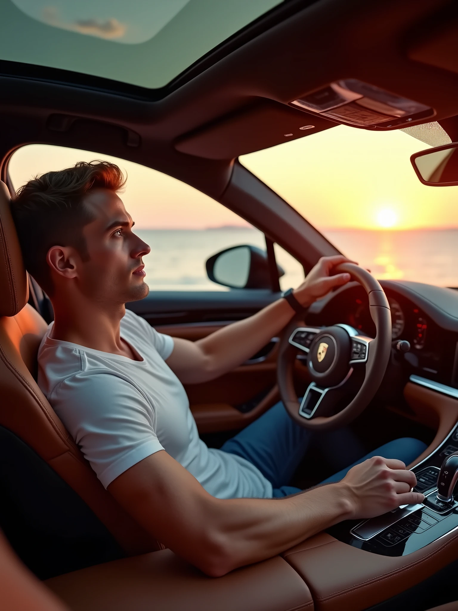 A man with a handsome and attractive face, short, straight light brown hair, piercing light brown eyes, athletic and muscular physique, expressive facial expressions and sun-kissed fair skin, wearing a casual outfit. He is sitting in the driver's seat of a Porsche Panamera Turbo S E-Hybrid, parked on a magnificent paradise beach at sunset. The man watches the sunset reflecting on the sea through the passenger seat window to his right. | A first-person cinematic view of the interior of a Porsche Panamera Turbo S E-Hybrid, capturing the essence of the car's luxurious and modern design. The interior is adorned with high-quality soft leather in shades of brown and black, with polished wood details that reflect the light. Soft natural light enters through the side windows and the panoramic sunroof, creating a cozy and illuminated atmosphere. | ahead, the instrument panel is elegant and technological, with digital screens that display information about the vehicle. O volante, Clad in leather, ergonomically designed, and the stitching is impeccable, highlighting attention to detail. The scene is framed by a stunning view of the magnificent paradisiacal beach at sunset, with the sky in shades of orange, pink and purple, reflecting on the crystal clear waters of the sea. | The first-person perspective makes the viewer feel like they are sitting in the driver's seat, watching the sunset through the glass, while the gentle breeze enters through the window. The atmosphere is quiet and inspiring, capturing the feeling of  and luxury, with the sunlight bathing the interior of the car and highlighting every detail of the sophisticated design. —checkpoint “SeaArt Infinity”