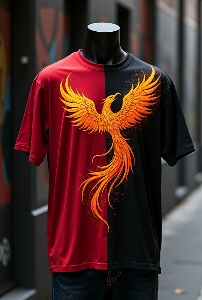 A half red and black t-shirt with a fire phoenix and spikes design
