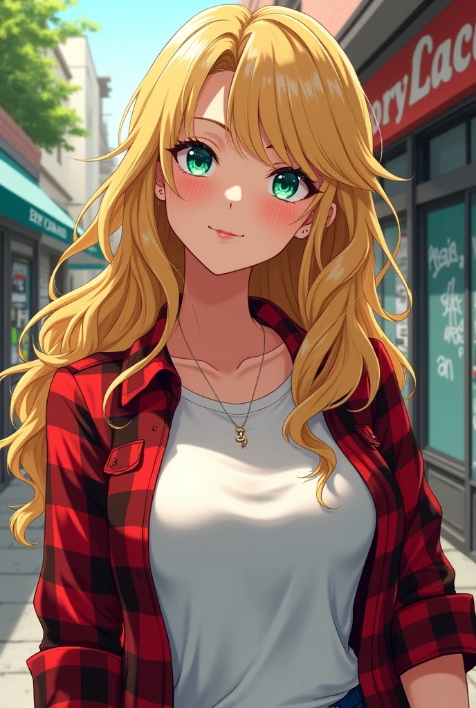Create an adult anime-style woman. long wavy blonde hair look, Jade eyes, clear skin. CLOTHES: white t-shirt and red plaid jacket.
Blue marks under the eyes