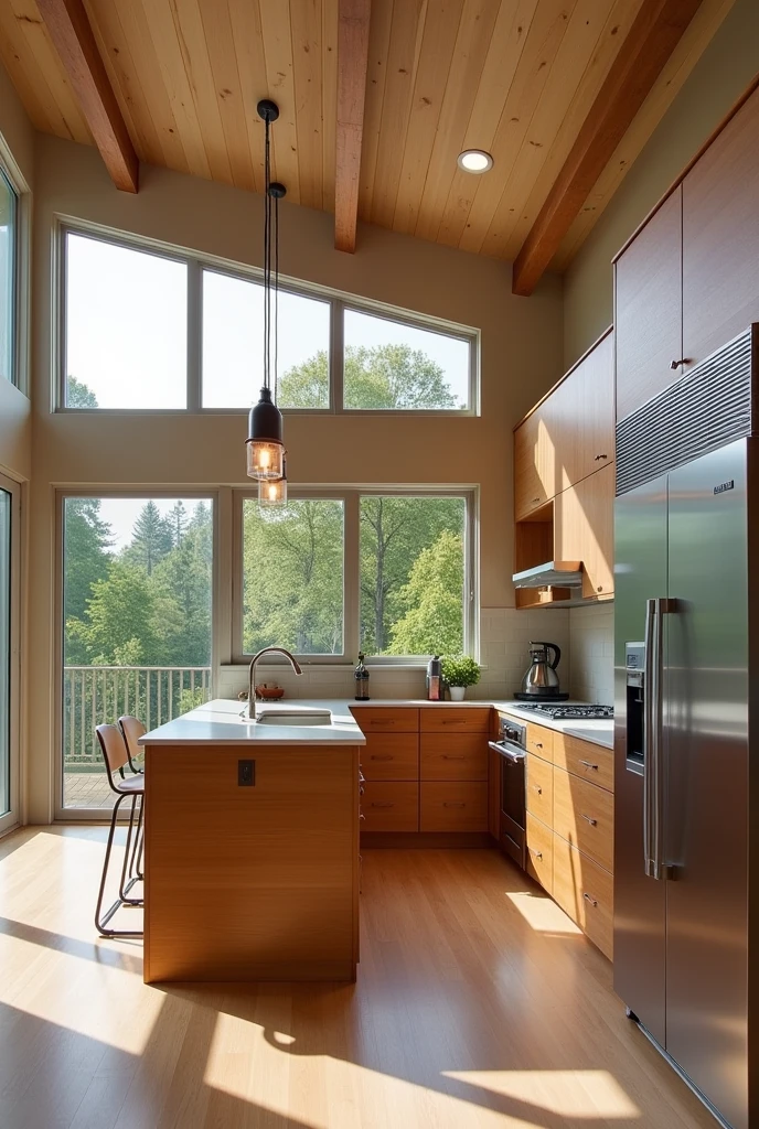 Beige and wooden finish L shape kitchen with loft