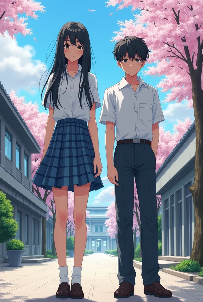 A Japanese high school girl with straight black hair and her male friend。
A painting that looks like a photograph。
The uniform is a white shirt。
The skirt is checkered in light blue, navy blue, and gray.。
The length of her skirt is shorter than above the knee, her hair is long enough to reach her waist, her bangs are neatly trimmed and cover her eyebrows, she looks like a member of Nogizaka 46. She is seen from the right diagonal, her height is 180cm.。
モデルっぽい
どちらも顔が見えるように
A painting that looks like a photograph