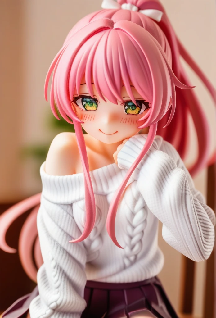 ((masterpiece、Highest quality))cute、My Favorites 、alone、Idol、Pink Hair、Fatty、Ponytail Style、Long Hairstyles、Green Eyes、Pleated skirt、smile、sight、Red cheeks、cuteポーズ、Cleavage Emphasis、Small breasts、Off-the-shoulder sweater、ake、Drunk