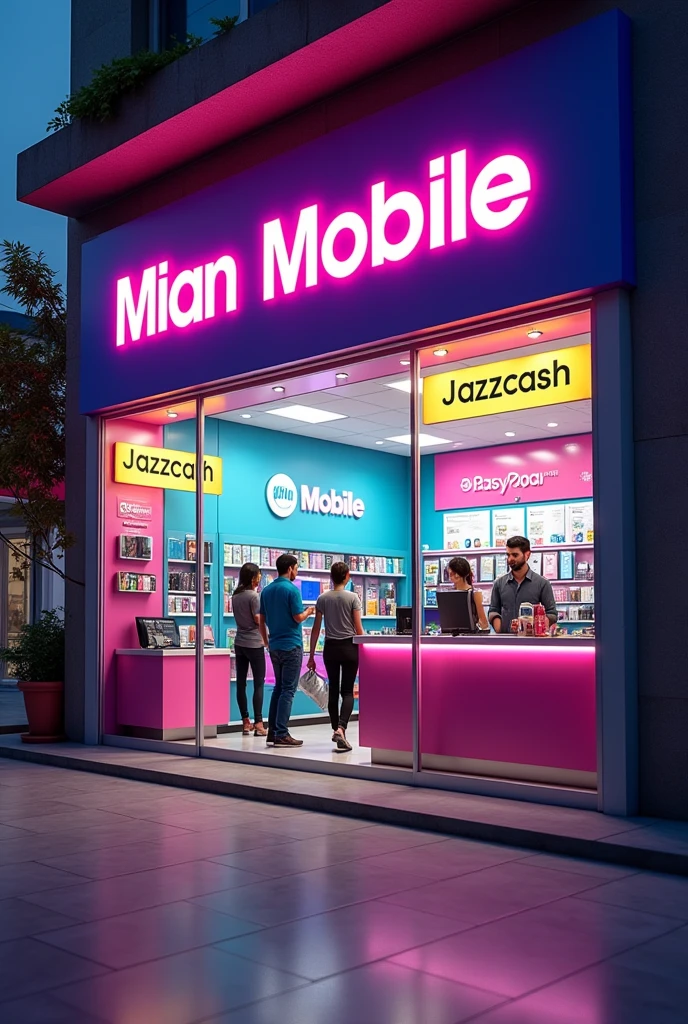 3d mobile shop front photo with name Mian Mobile & customer service and jazzcash easypaisa branding Facebook cover photo