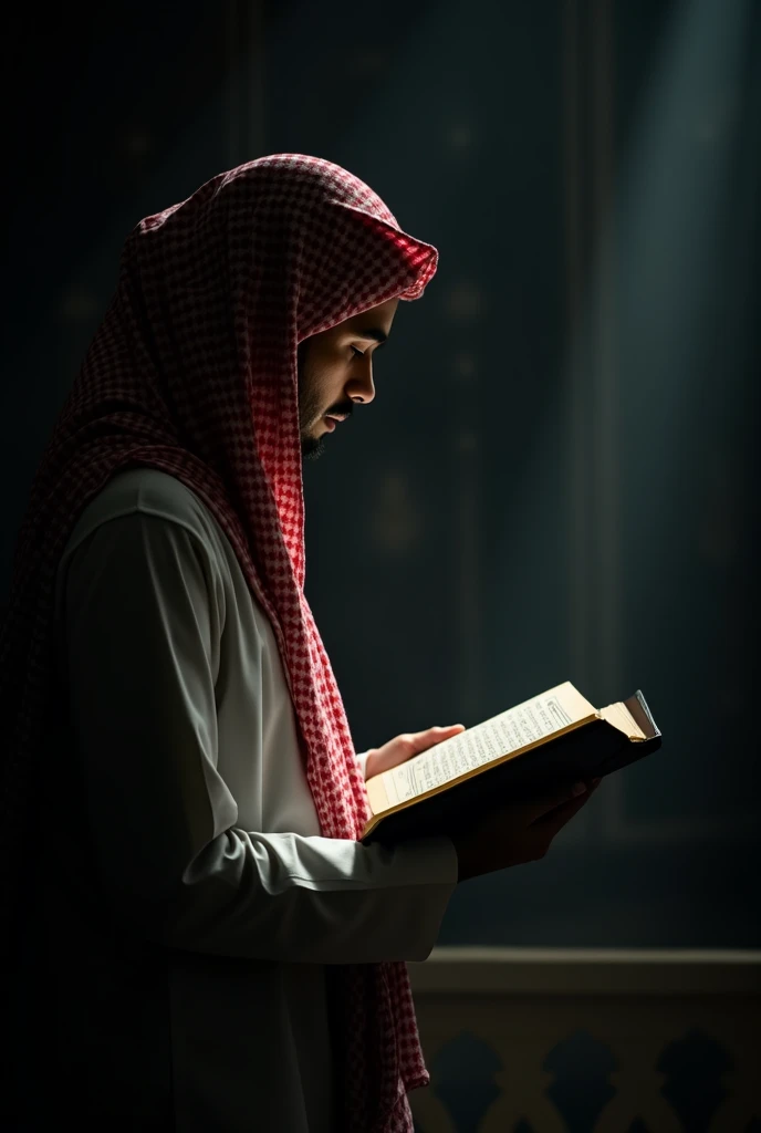 A man reading quran in dark black side make him anonymous don't show any face just dress only dress like a saudi red saudi scarf


