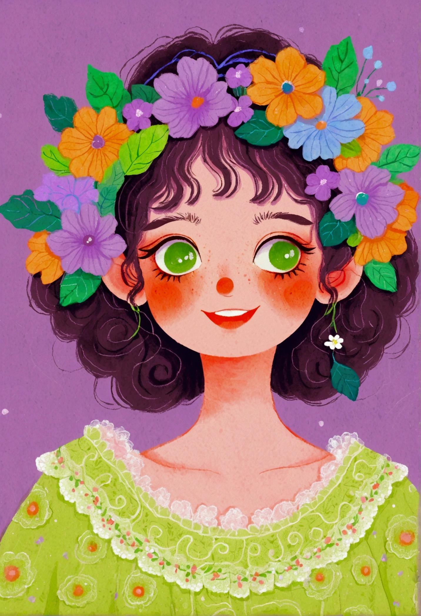 A girl in a green lace dress and a wreath on her head,big eyes，Laugh out loud，teeth，Tilted head，Lovely art style, Lo-Fi Girl, Tranquility illustration, Flower Goddess, Illustration line art style, Digital illustration style，Purple background