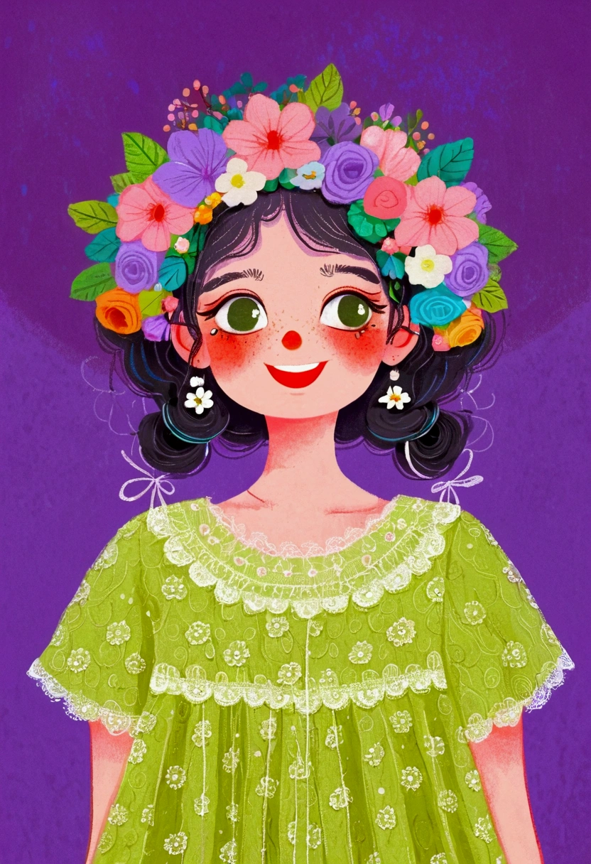 A girl in a green lace dress and a wreath on her head,big eyes，Laugh out loud，teeth，Tilted head，Lovely art style, Lo-Fi Girl, Tranquility illustration, Flower Goddess, Illustration line art style, Digital illustration style，Purple background