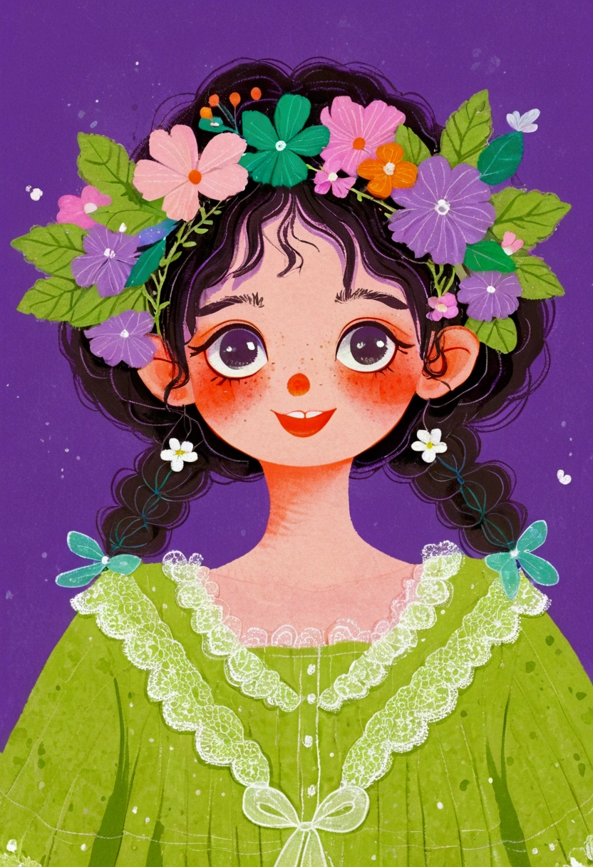 A girl in a green lace dress and a wreath on her head,big eyes，Laugh out loud，teeth，Tilted head，Lovely art style, Lo-Fi Girl, Tranquility illustration, Flower Goddess, Illustration line art style, Digital illustration style，Purple background