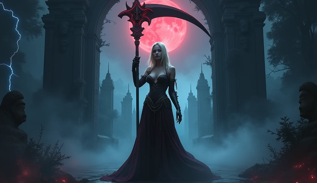 In this masterpiece, a stunning (sexy death goddess) stands at the center of the frame, radiating an aura of mystique and beauty. The ultra-detailed 4K image presents her in front of a (black pana vortex:1.3) framed by the (huge gates of the realm of the dead:1.3), in the center of a necropolis surrounded by a dark jungle. The pitch-black night is lit by a few blue lightning bolts and a blood-red moon. The volumetric lighting casts a warm glow on her porcelain skin, accentuating the intricate details of her (sexy bone armor:1.3). Her straight blonde hair is gorgeous, framing her charming smile and captivating cleavage. The mesmerizing atmosphere is punctuated by (blue thunderstorms and lightning) in the surreal dark sky, as if the heavens themselves are summoning her presence. The composition masterfully balances depth and complexity, drawing the viewer's eye to the perfect body, with its impeccable anatomy and tantalizing pose. (Charming smile), (Beautiful huge breasts:1.3), (Finely crafted black tiara), (Sexy bone armor), She holds a huge scythe covered in blood red runes in her hand. (Photorealistic), (Dark theme). (Eurasian girl:1.3). (Beautiful naked navel:1.5). Her high-quality sexy armor, composed of a (black bikini) and (pieces decorated with skulls), (blue eyes)