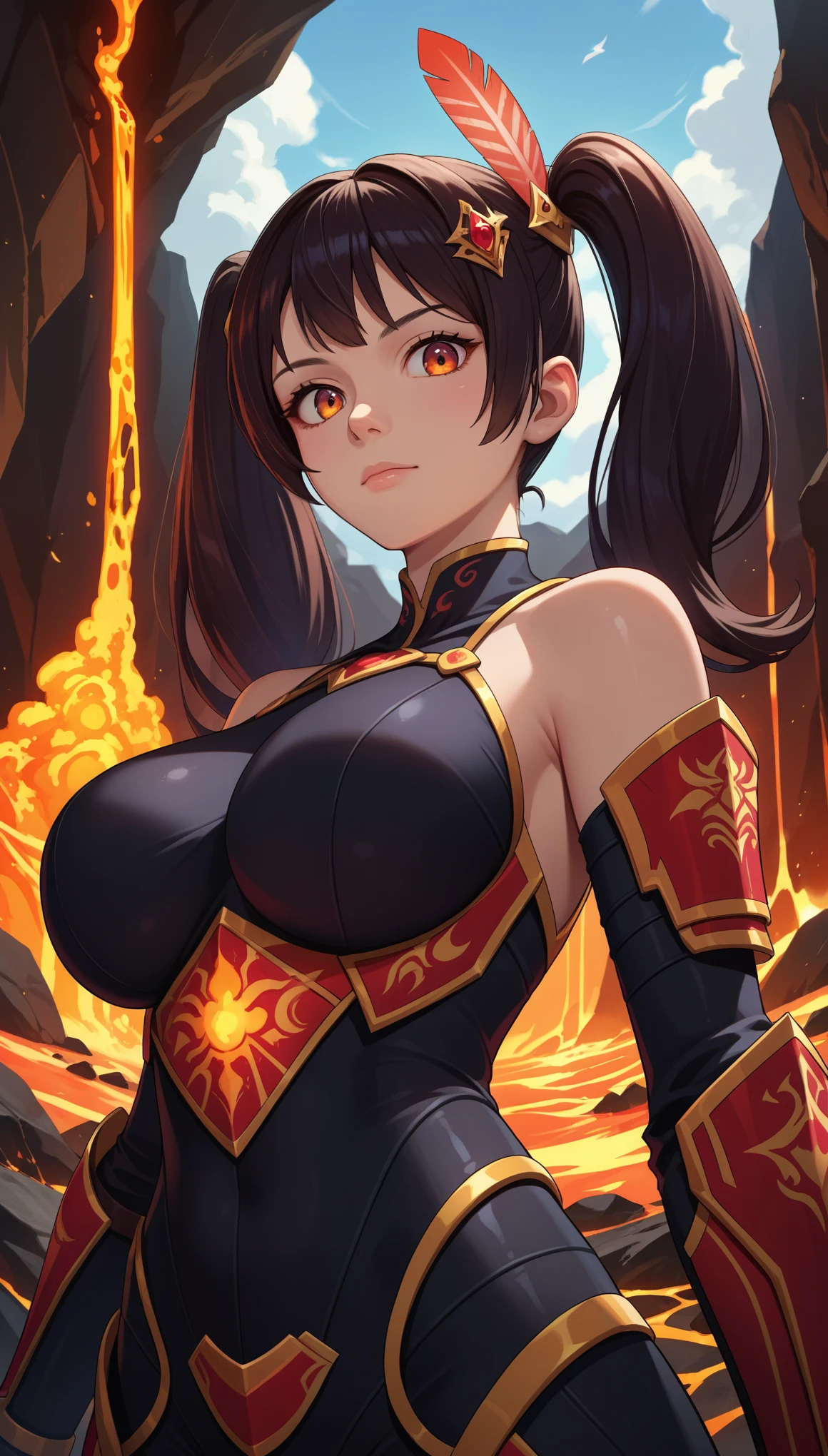 score_9, score_8_up, source_anime,
masterpiece, best quality, defLaev, hair ornament, twintails, black bodysuit, bare shoulders, armor, gauntlets, feather trim, upper body, portrait, looking at viewer, from below, fire, rocks, lava, large breasts