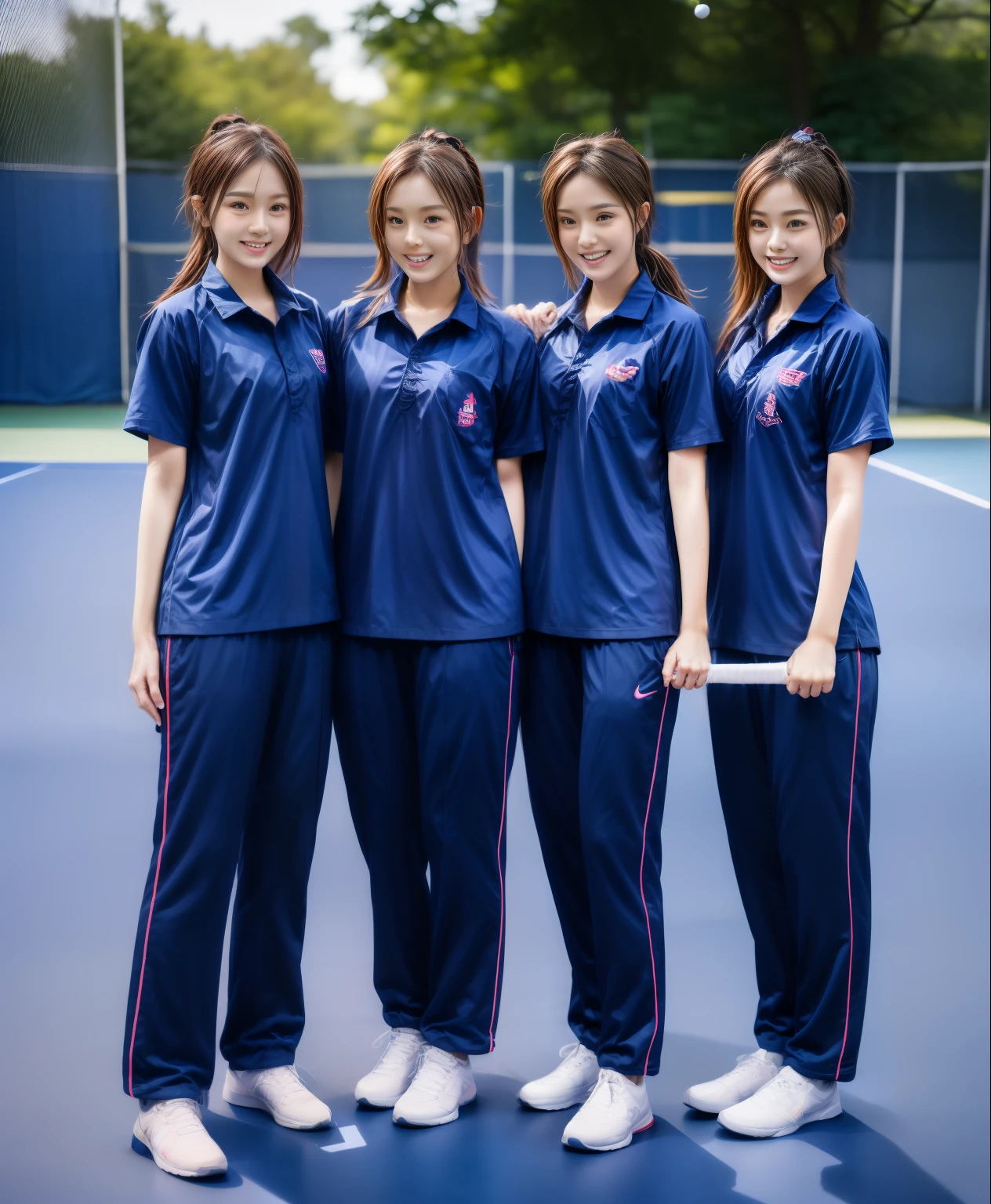 3 girls play tennis at tennis courts, Navy blue short-sleeved shirt,Navy Long Trackpant,Sweatpants, Sweatpantsขายาว,25 year old girl, lesbian, sexy, exercise clothes, wet body, exercise clothes