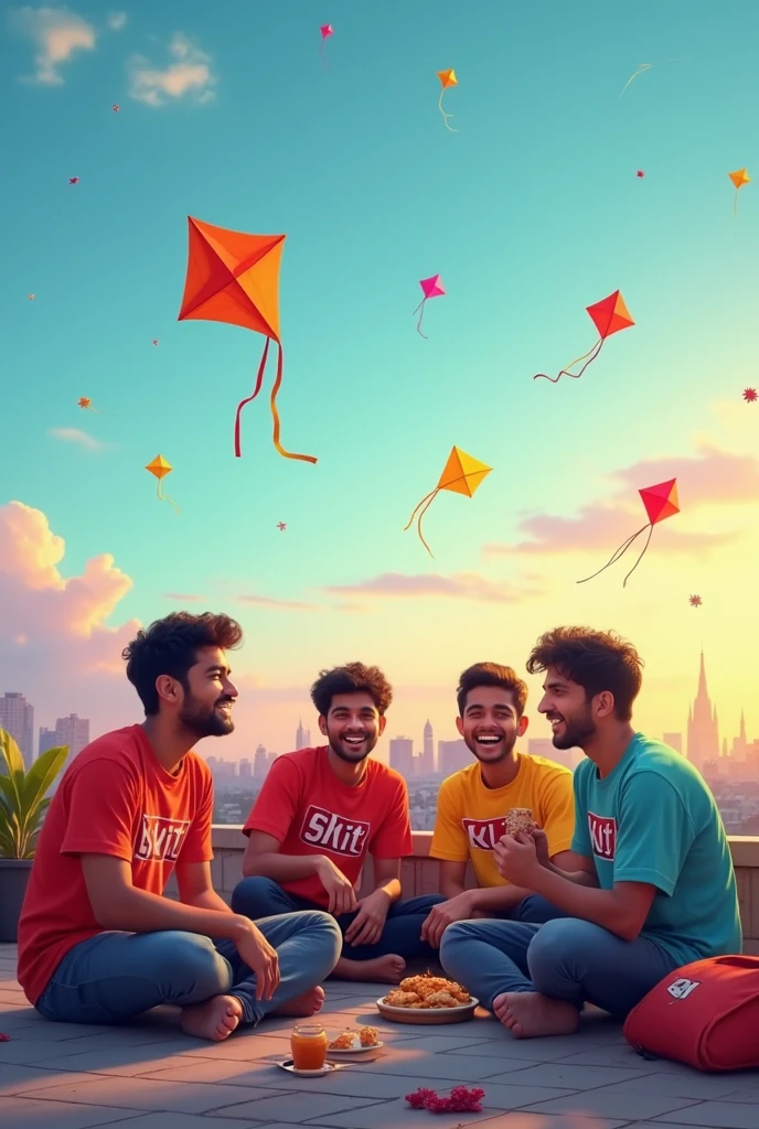 

**Prompt:**
"Create a 2D animated-style illustration of a character named Harsh on a rooftop with three friends: Yash, Kartik, and Om. The scene should include multiple kites flying in the sky, including one specifically named 'Kite' from 'SKT.' Each person, including Harsh, Yash, Kartik, and Om, is wearing a T-shirt with their respective name on it. The friends are engaged in relaxed and enjoyable activities, like chatting and having snacks, with a cityscape or skyline in the background to create a cozy rooftop setting."
