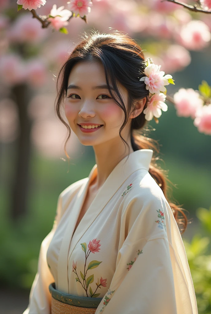 An elegantly dressed Japanese woman in natural light、A close-up of her chest and calm expression.、It shows her inner peace and outer charm.。