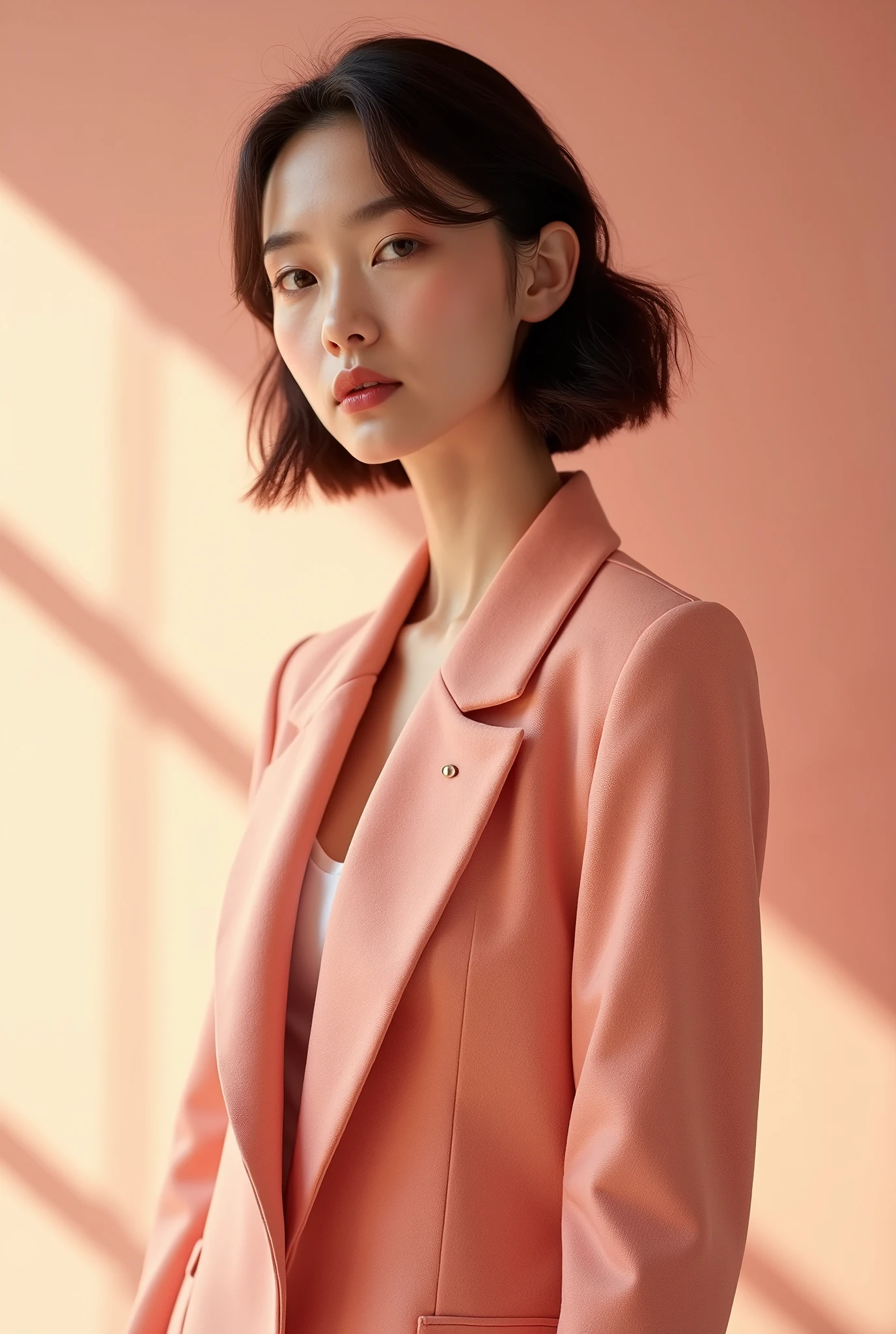 Create a fashion poster featuring a women's blazer as the main product, with the brand name 'N'Lin' prominently displayed in the image. The poster should exude elegance and sophistication, appealing to young women with a refined and trendy sense of style. Use a minimalist design with a clean background, focusing on the blazer's details and quality. The typography should be sleek and modern, and the placement of 'N'Lin' should be tasteful yet noticeable, reinforcing the brand's identity within the high-fashion market
