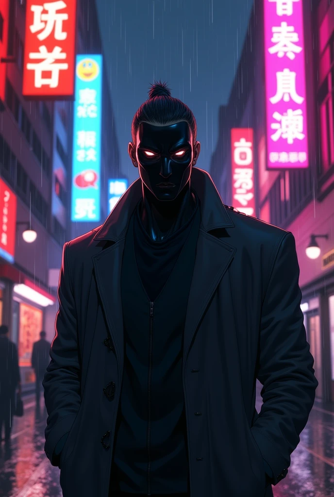 modern man with mask and katakana in anime dark style